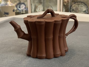A Chinese Yixing stoneware 'bamboo' teapot and cover, Kangxi